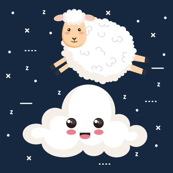 Boa noite sono desenhos animados ovelhas salto nuvem animal — Vetor de Stock