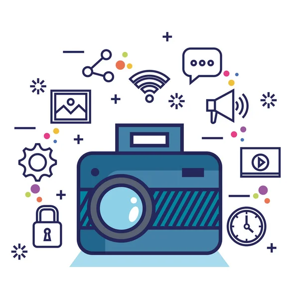 Photo camera network multimedia web app icons — Stock Vector