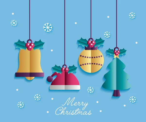 Frohe Weihnachten Schneeflocken Kalte Dekoration Glocke Ball Baum Vektor Illustration — Stockvektor