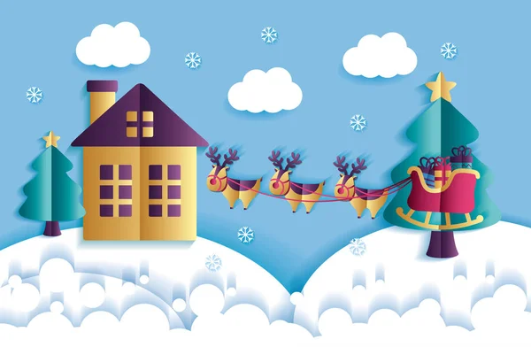 Frohe Weihnachten Schlitten Haus Wolken Schnee Dezember Vektor Illustration — Stockvektor