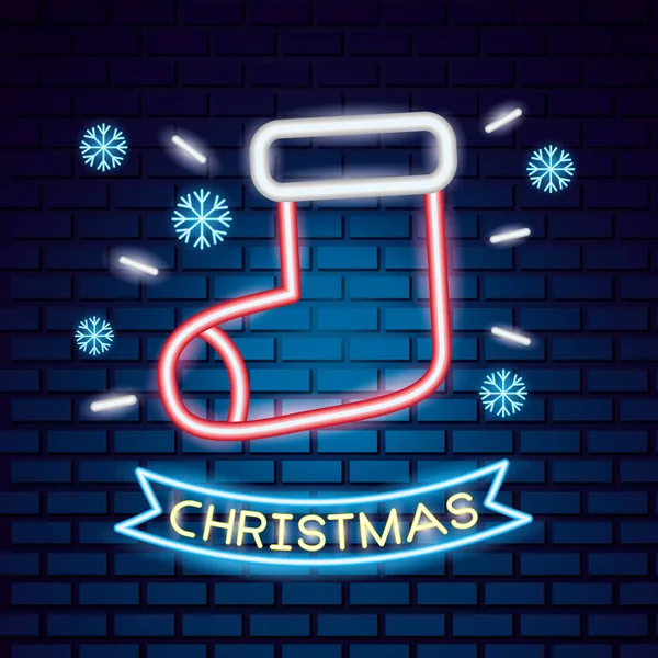 Frohe Weihnachten Socke Neon Schneeflocken Vektor Illustration — Stockvektor