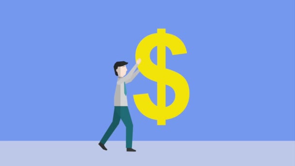 Businessman Holding Big Dollar Symbol Banknotes Motion Animation — Stock Video