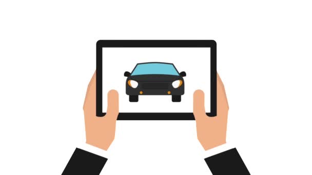Manos con tableta buscando diferentes vehículos — Vídeos de Stock