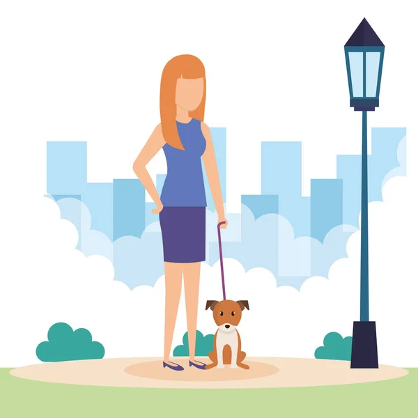 Mujer joven con perro en el parque — Vector de stock