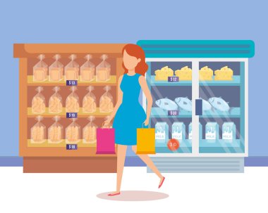 kadın raf ile süpermarket buzdolabında