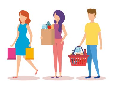 bir grup genç insan karakterleri alışveriş