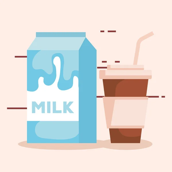 Caja de leche con bebida de café — Vector de stock