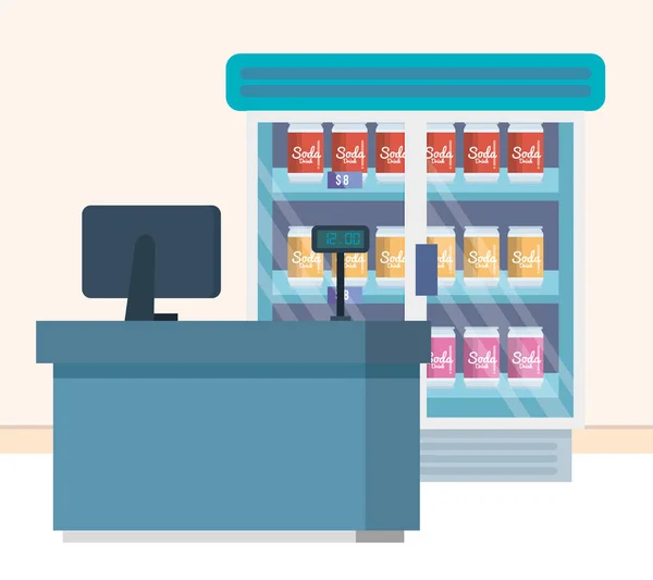 Supermarket lodówka z produktów i punkt sprzedaży — Wektor stockowy