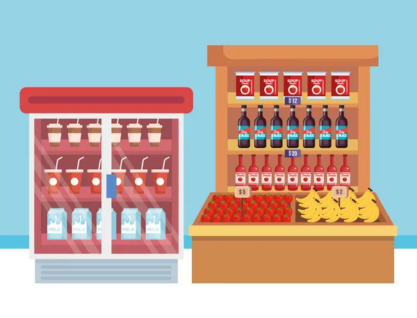 Refrigerador del supermercado con estante y productos — Vector de stock