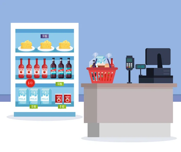 Stormarknad kylskåp med produkter och försäljning punkt — Stock vektor