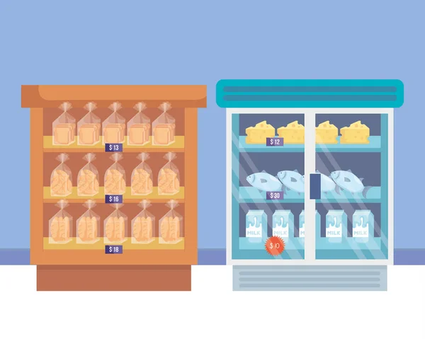 Refrigerador do supermercado com prateleira e produtos —  Vetores de Stock