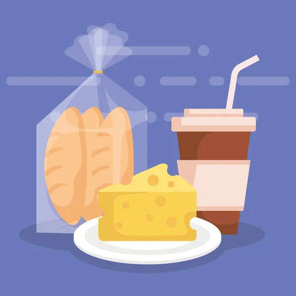 Сир з хлібним пакетом і кавою — стоковий вектор