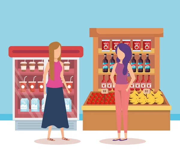 Mujeres en estanterías de supermercados con productos — Archivo Imágenes Vectoriales