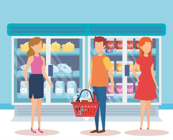 Mensen in de supermarkt koelkast met producten — Stockvector