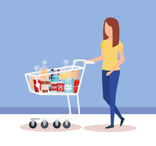 Frau mit Einkaufswagen und Produkten — Stockvektor