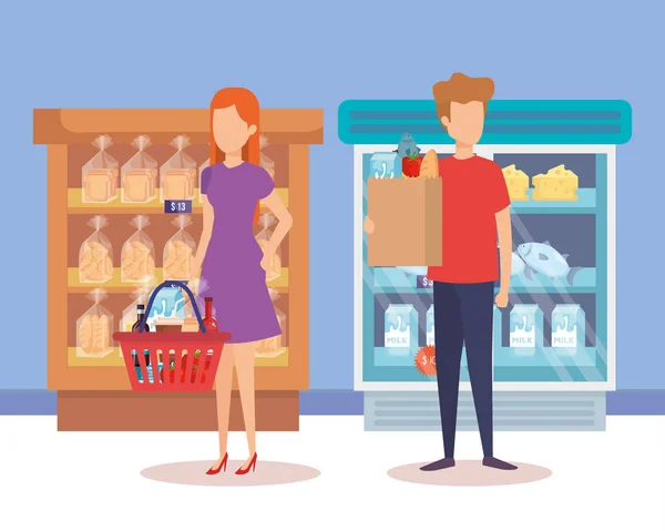 Paar im Supermarkt-Kühlschrank mit Regal und Produkten — Stockvektor