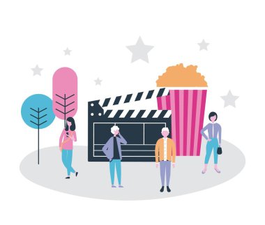 Film insanlar üretim patlamış mısır ağaçlar yıldızlar arka plan vektör çizim