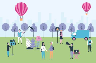 movie people production park hot air balloons recording scenes vector illustration clipart