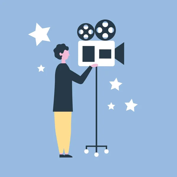 Film Productie Man Met Film Camera Sterren Achtergrond Vectorillustratie — Stockvector