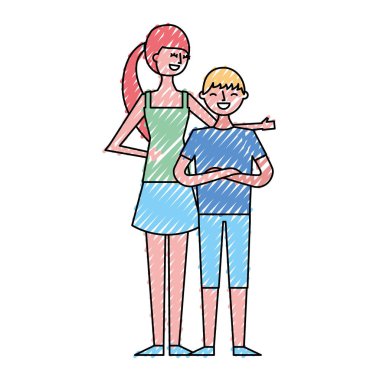 Genç kadın genç çocukla görüntü vektör çizim çizim renk tasarımı kucakladı