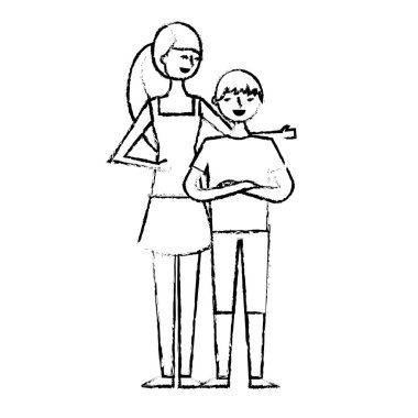 Genç kadın genç çocukla görüntü vektör illüstrasyon kroki tasarımı kucakladı