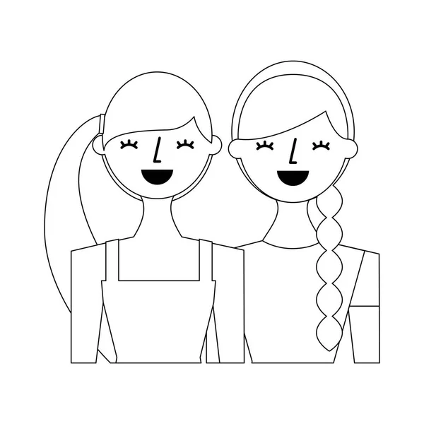 Porträtt Unga Kvinnor Vänner Glada Tecken Vektor Illustration Kontur Design — Stock vektor