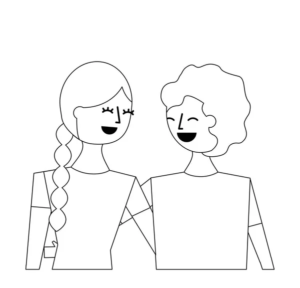 Heureux Jeune Couple Portrait Personnages Vectoriel Illustration Contour Conception — Image vectorielle