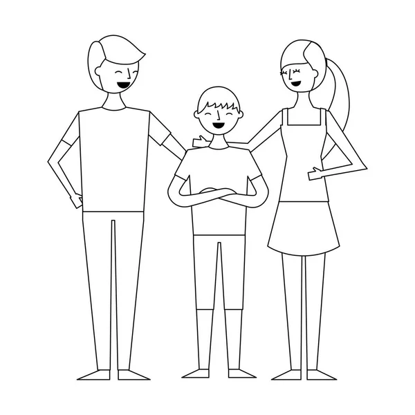 Heureux Famille Debout Ensemble Père Mère Fils Vecteur Illustration Esquisse — Image vectorielle