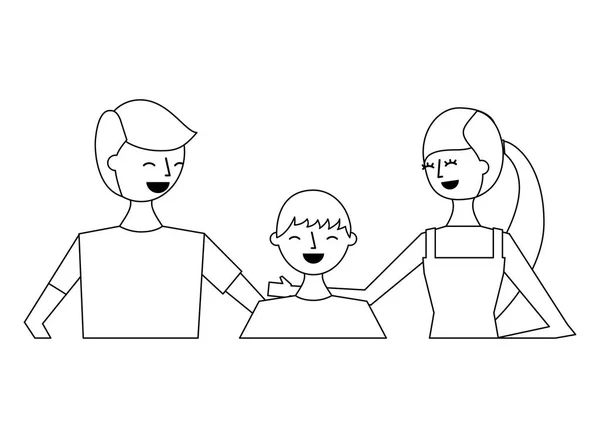 Portrait Happy Couple Teenage Son Embraced Vector Illustration Outline Design — Stock Vector