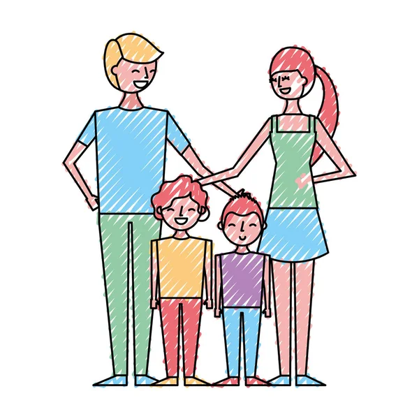 Jonge Familie Ouders Met Hun Kinderen Cartoon Vectorillustratie Kleur Ontwerp — Stockvector