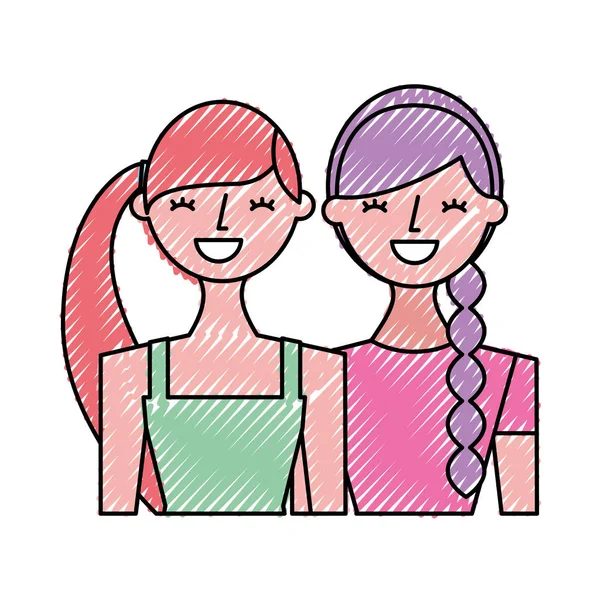 Πορτρέτο Νεαρές Γυναίκες Φίλους Ευτυχισμένη Χαρακτήρες Διανυσματικά Εικονογράφηση Αντλώντας Χρώμα — Διανυσματικό Αρχείο