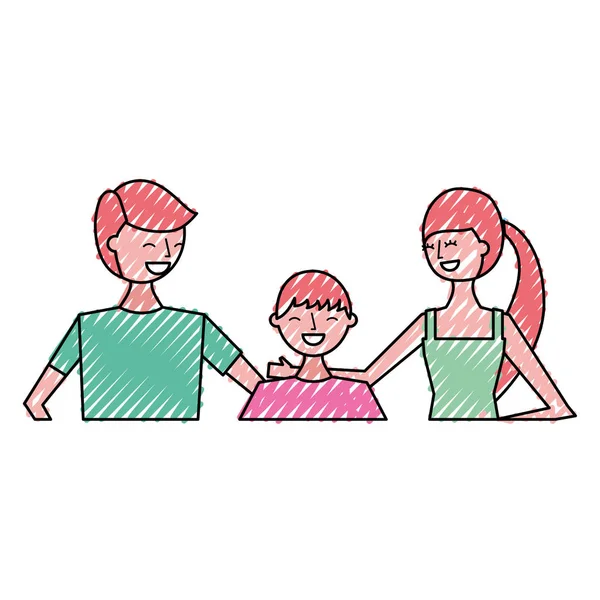 肖像幸福的夫妇与他们十几岁的儿子拥抱矢量插图绘制颜色设计 — 图库矢量图片