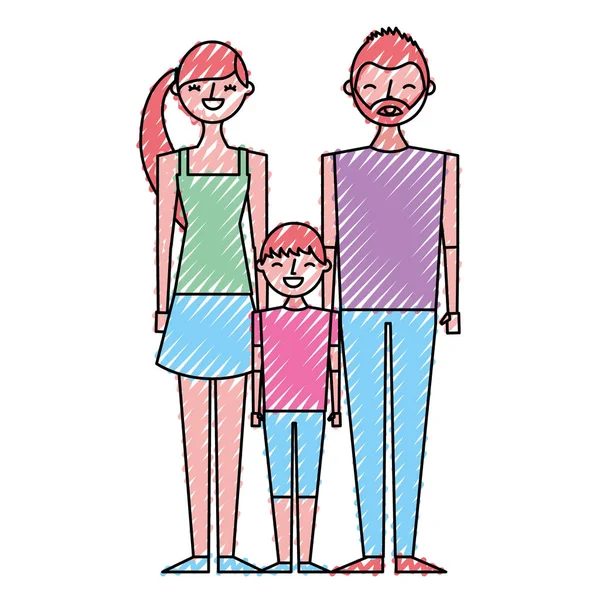 Heureux Famille Debout Ensemble Père Mère Fils Vecteur Illustration Dessin — Image vectorielle