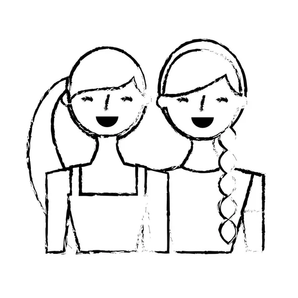 Portrait Jeunes Femmes Amis Personnages Heureux Vectoriel Illustration Croquis Conception — Image vectorielle