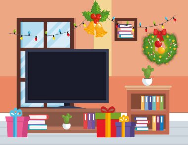 TV odası Noel dekorasyonu ile