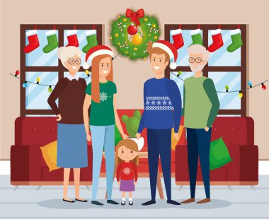 Aile üyeleri ile oturma odası giysilerle Aralık