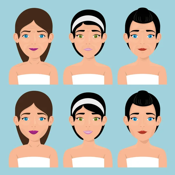 Group of beautiful women in treatment facial — Stock Vector