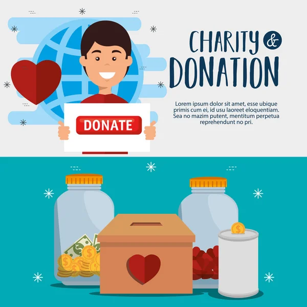Man with charity donation icons — Stock Vector