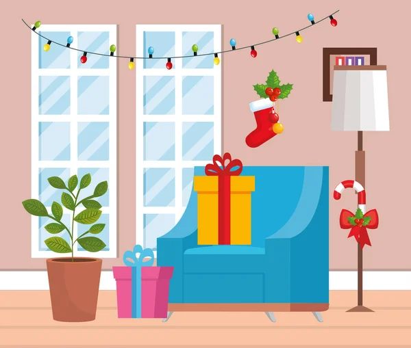 Huis woonkamer met Kerstdecoratie — Stockvector