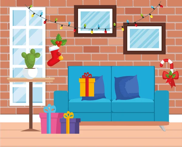 Casa sala de estar con decoración de Navidad — Vector de stock