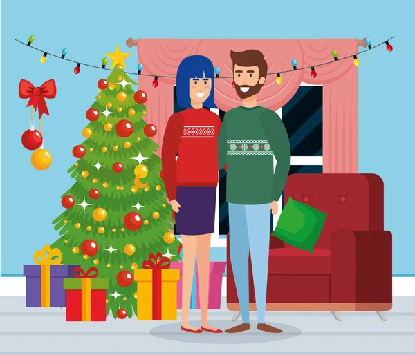 Couple with december clothes in the livingroom — Stock Vector