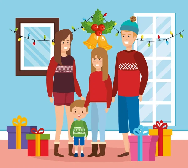 Rodzice i dzieci z grudnia ubrania w salonie — Wektor stockowy