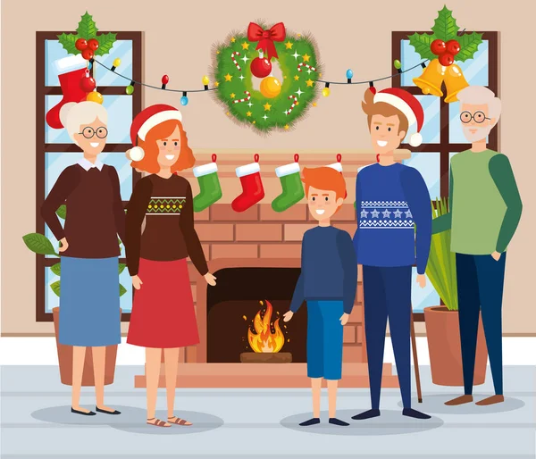 Family members with december clothes in livingroom — Stock Vector