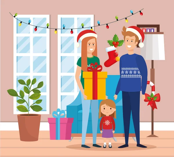 Parents couple et fille avec des vêtements de décembre dans le salon — Image vectorielle