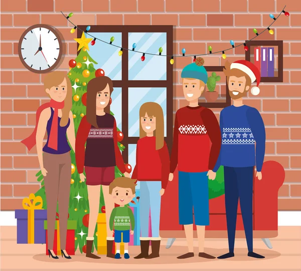 Familieleden met december kleren in woonkamer — Stockvector