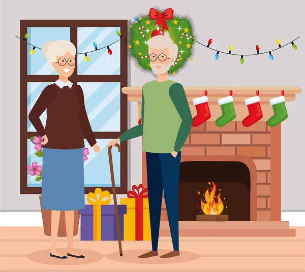 Großeltern mit Dezemberkleidung im Wohnzimmer — Stockvektor