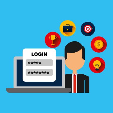 dizüstü bilgisayar ve set simgeler vektör çizim tasarım ile işadamı