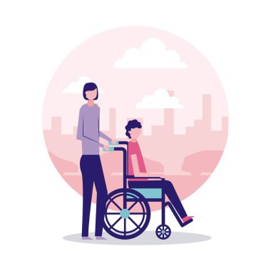 Tekerlekli sandalye vektör çizim tutan kadın gönüllü yardım