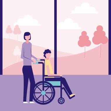 Tekerlekli sandalye adam hastane vektör çizim taşımak bir kadın gönüllü yardım