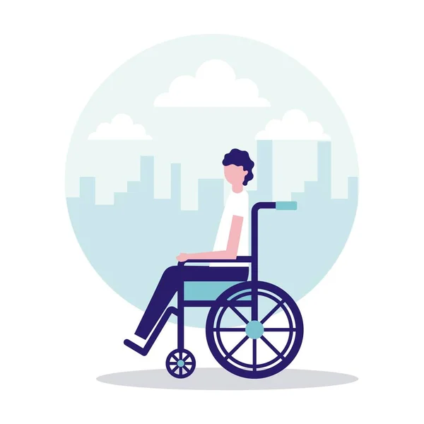 Волонтеры Помогают Человеку Векторной Иллюстрации Инвалидной Коляски — стоковый вектор